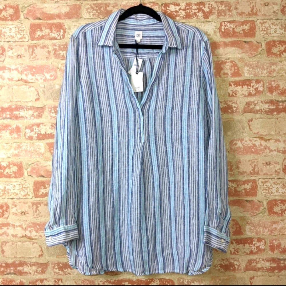 Gap Stripe Linen Popover Long Sleeve Tunic Top